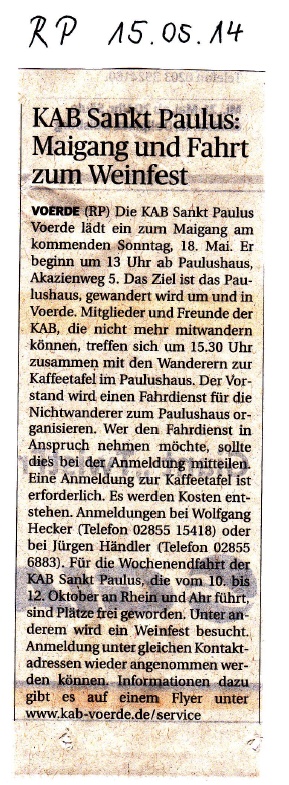 Rheinische Post vom 15.05.2014 -Klicke und Bild erscheint in Farbe und Größer